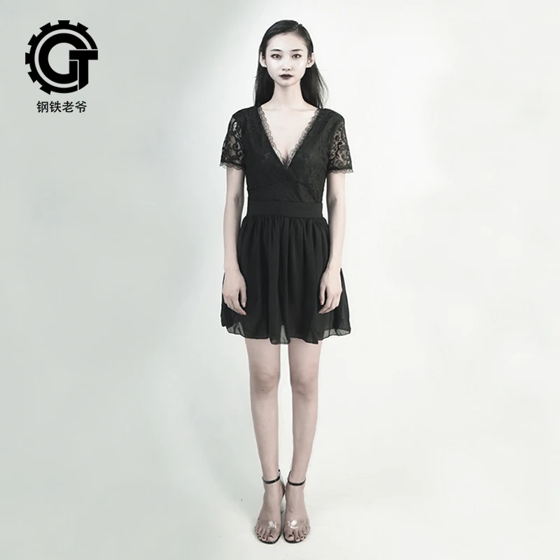 

Gothic Dress Women Black One Piece Dress Deep V Neck Sexy Patchwork Lace Party