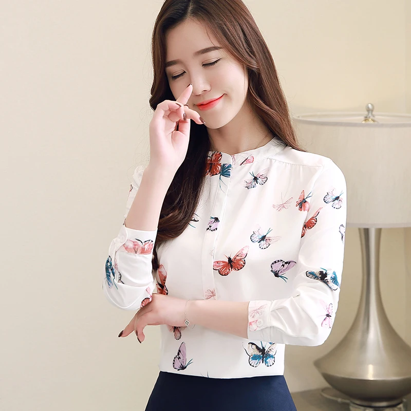Белая блузка рубашка шифоновые Женские топы и блузки с цветочным принтом