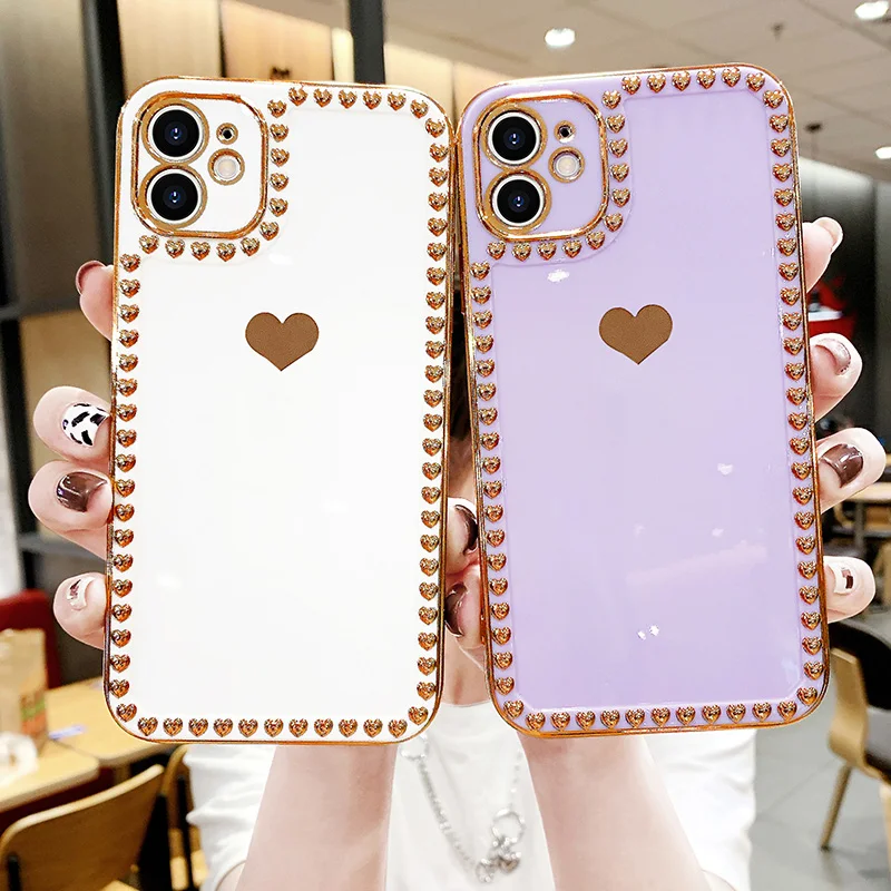 

Plating 3D Love Heart Phone Case For iPhone 12 11 Pro Max XR XS Max 8 7 Plus X Soft TPU Candy Color Luxury Back Cover