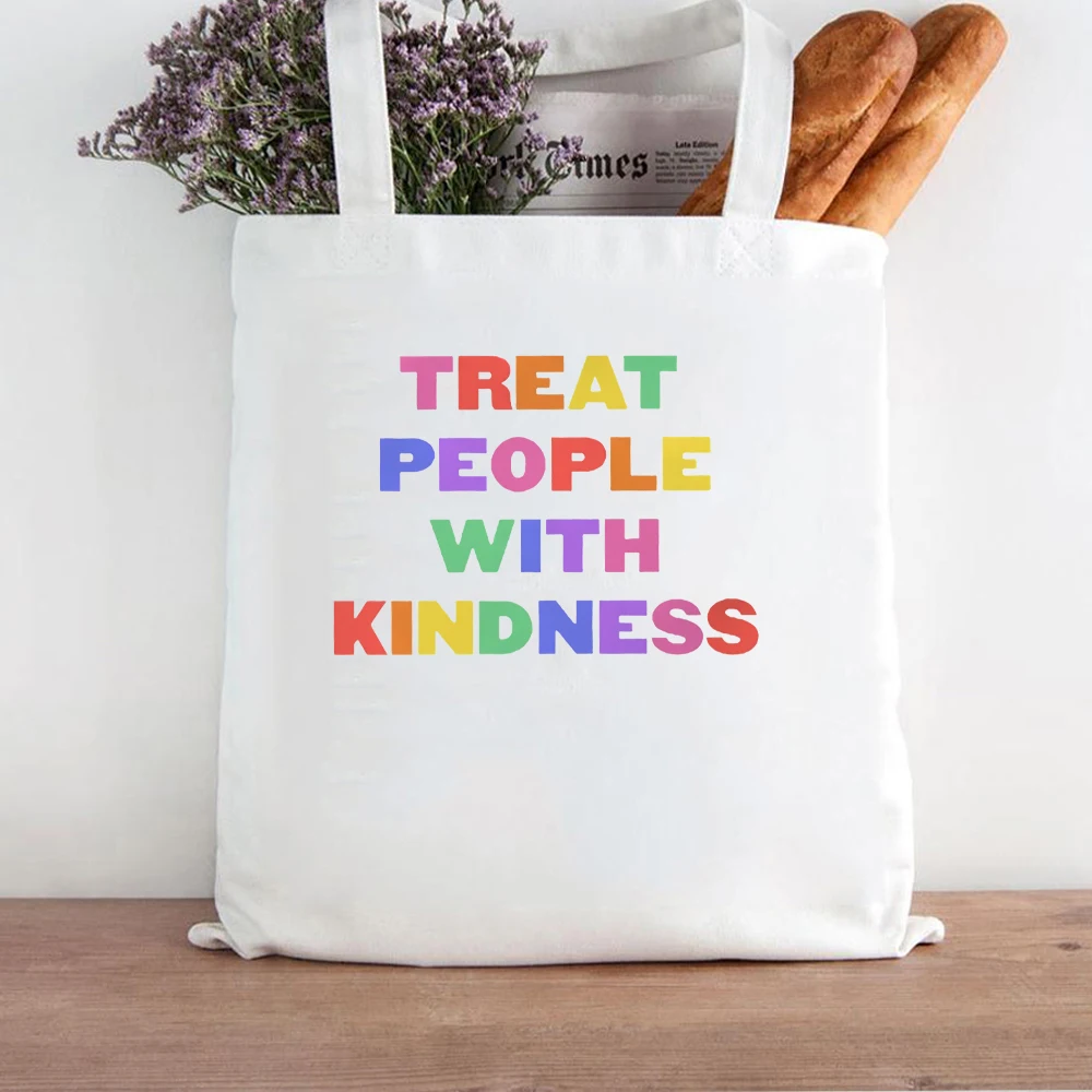 

TREAT PEOPLE WITH KINDNESS Hip Hop Style Shopper Bag Practical Shoulder Bag Recyclable Shopping Bag Cool Tote Bags Canvas Bag