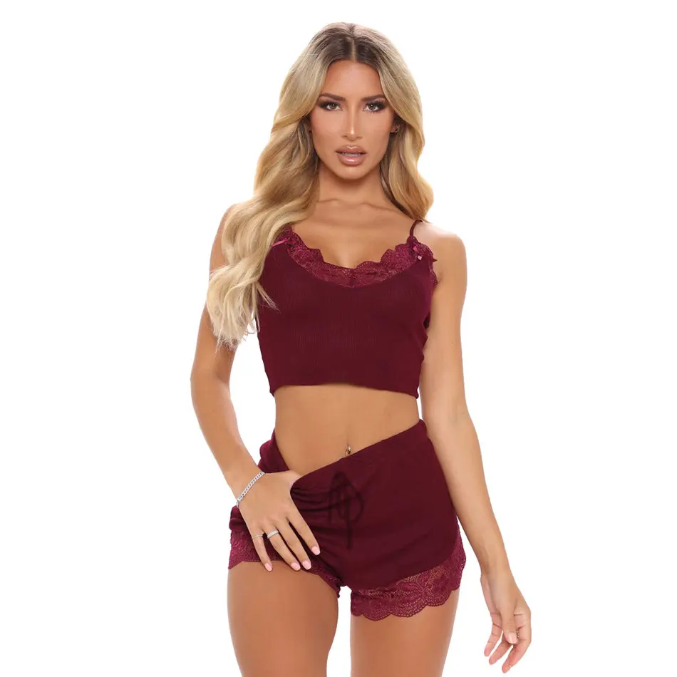 

Women Two Piece Set Home Suit Solid Lace Patchwork Casual Spaghetti Strap Crop Top and Drawstring Bandage Short Lounge Wear