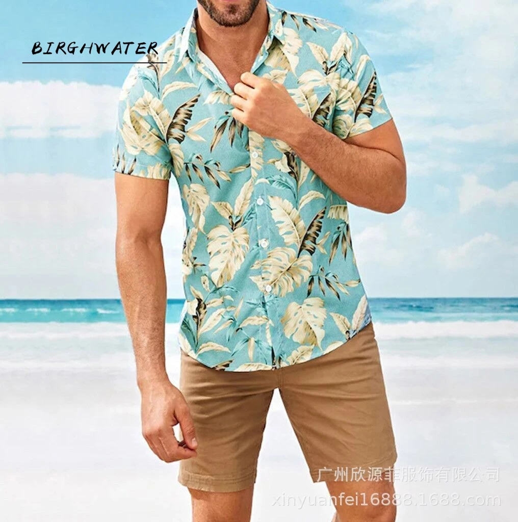 

Men Summer Shirt Beach Style Green Leaves Printed Hawaiian Shirts Casual Short Sleeve Turn Down Collar Blouses Tops Camisa Homme