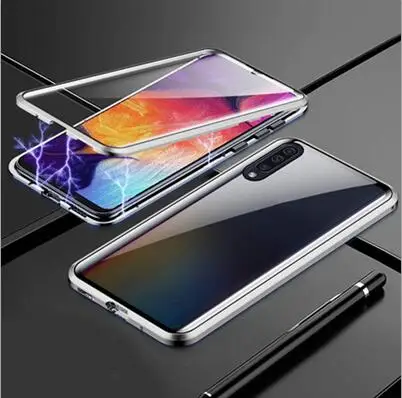 Серебристый Роскошный Магнитный чехол для samsung Galaxy A50 a50 металлический каркас Doubl стекло в рамке крышка GalaxyA 50 защитный чехол для телефона - Цвет: Серебристый