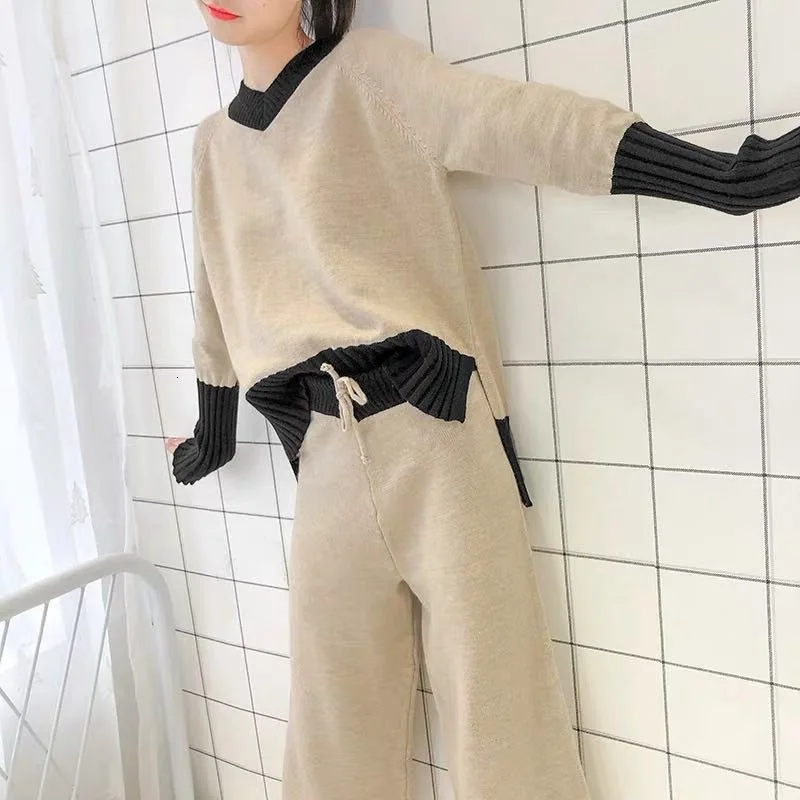 2019 Autumn And Winter Sports Suit New Sweater Women's V-neck Pullover Loose Two-piece Lace-up Pants | Женская одежда