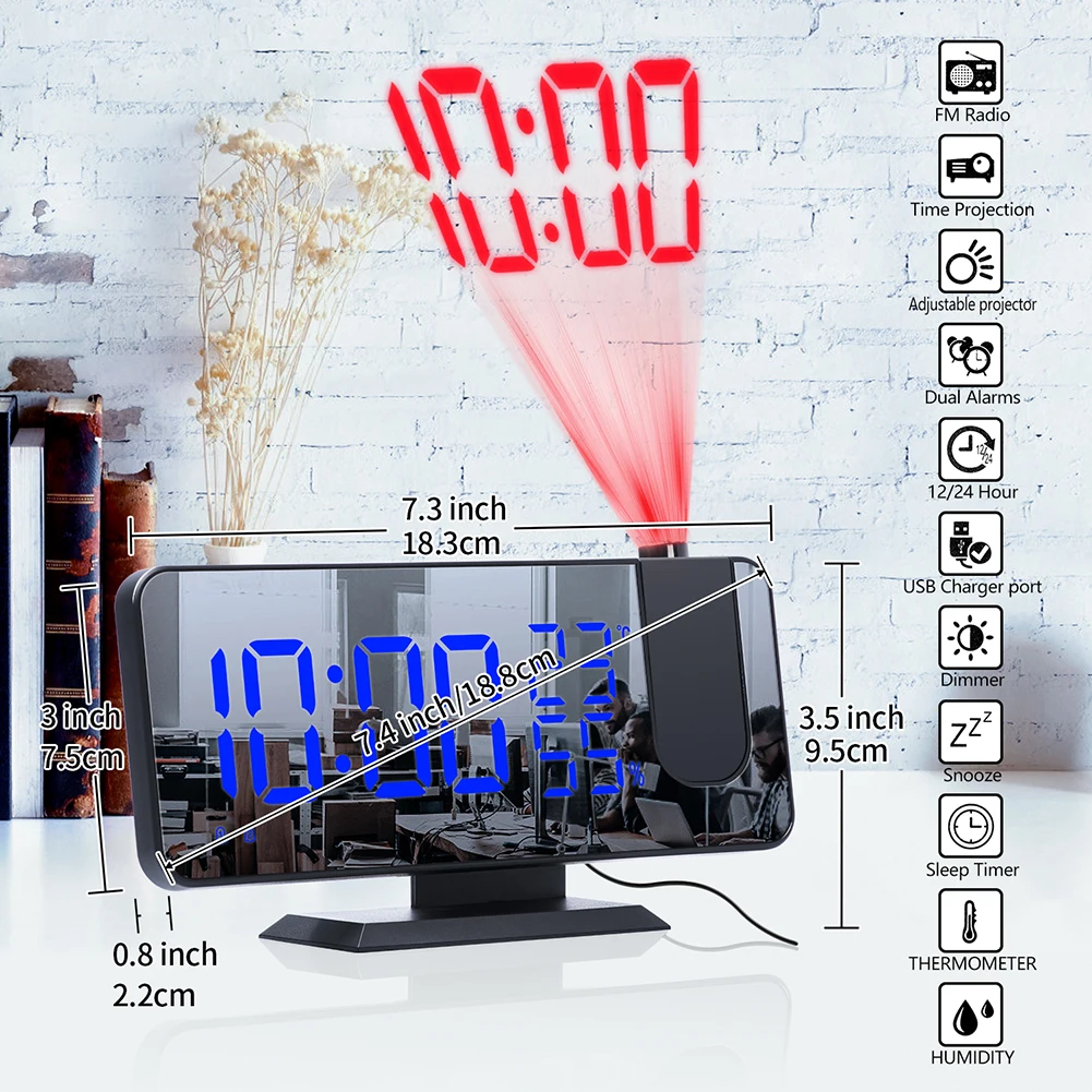 

LED Digital Alarm Clock Projection Watch Table Electronic Desktop Clocks USB Wake Up FM Radio Time Projector Snooze Function