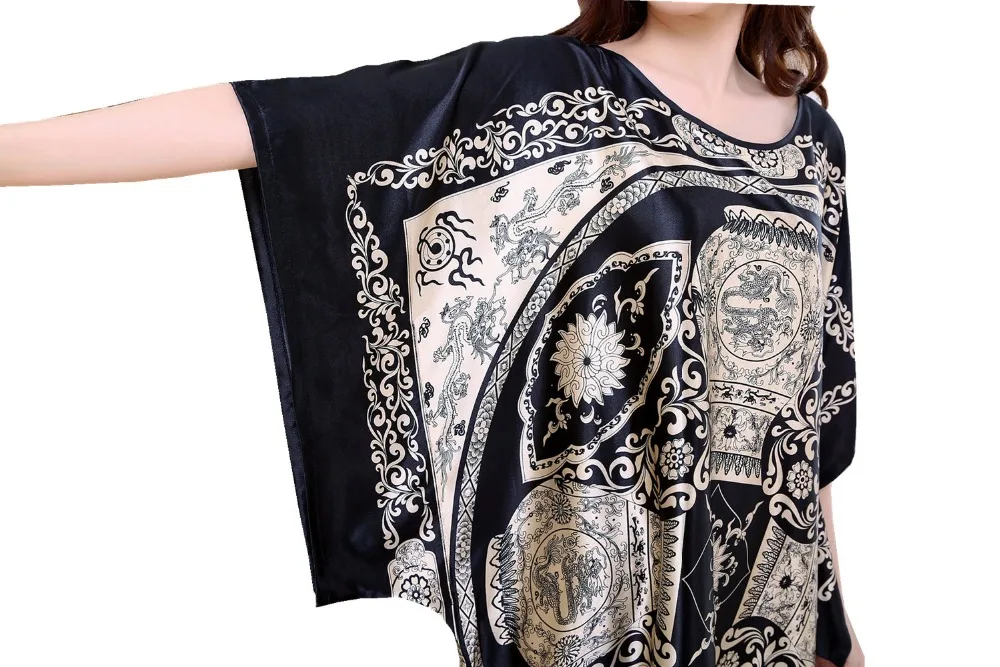 Plus Size Summer Women's Faux Silk Nigh Robe Black Lady Bath Gown Nightgown Bathrobe Sleepwear Mujer Pijama Flower Zh07C | Женская