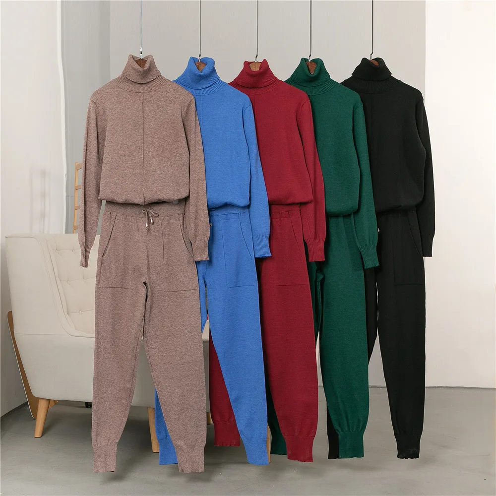 

Women autumn sweater two piece set turtleneck pullovers + long pants tracksuit women for winter knitted trousers+jumper suits