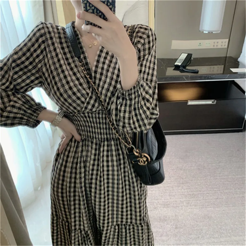 

Shop1314 Elegant Women Plaid Dress Women dresses woman party night dress Fashion V Neck Long Sleeve Tunic Cake Dress Vestidos