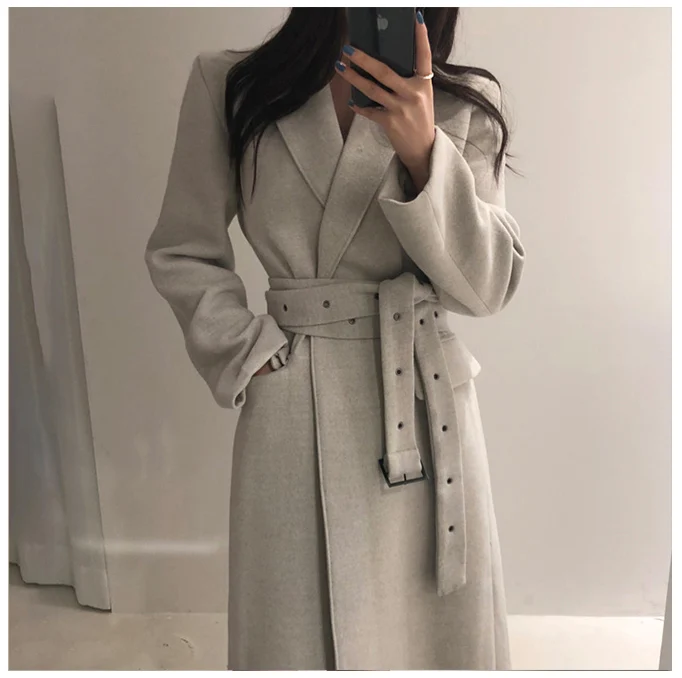 Hebaoli new fashion korean chic vintage style elegant lace up waistband slim long winter windbreaker woolen coat western women
