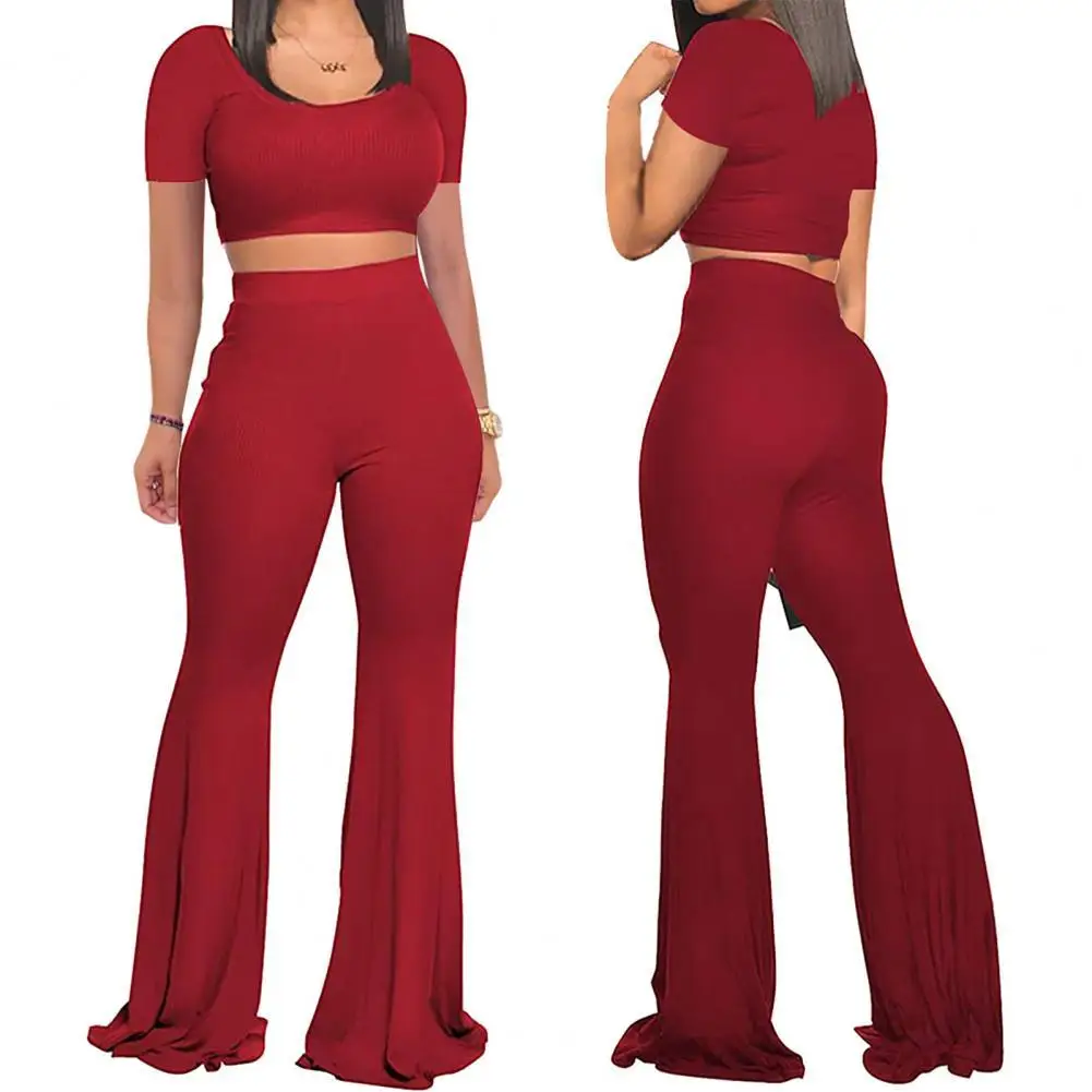 

2021 Summer Pants Crop Top Women Two-piece suit Outfit Solid Color Sexy Short Sleeve High Waisted Flare Pants Outfit