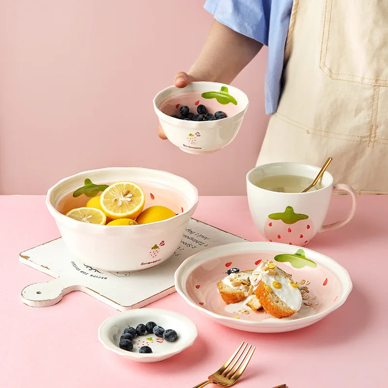 Strawberry Bowl Cute Girl Heart Rice Creative Personality Household Noodle Soup Dishes Tableware dinnerware set | Дом и сад