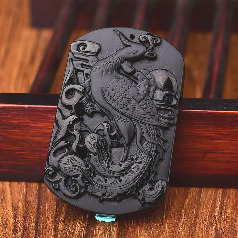 Натуральный черный обсидиан Феникс кулон бусы ожерелье модное очарование