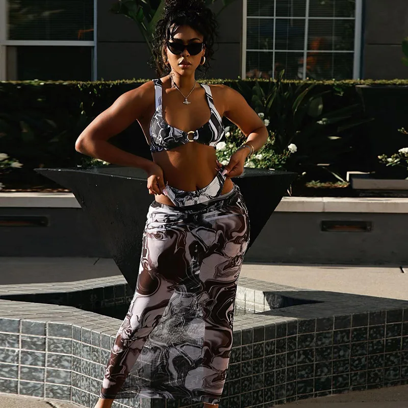 

CIBBAR Printing Round Buckle Three Piece Set For Women Vacation Outfits Sexy Corset Top+Underpants+Maxi Skirt Suits Clubwear Hot