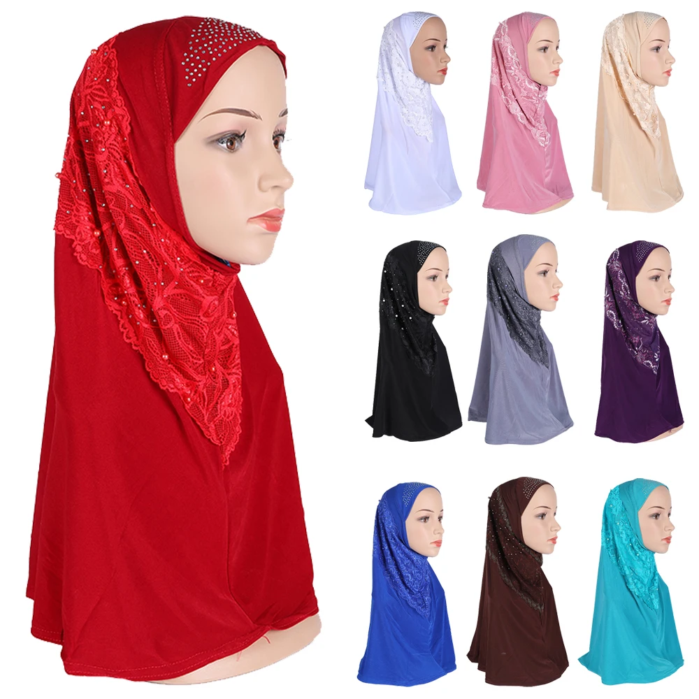 12pcs Women Muslim Flower Hijab Lace Long Scarf Islamic Amira Headwear Shawls Headwraps Ready Jersey Ramadan Full Cover Arab Cap