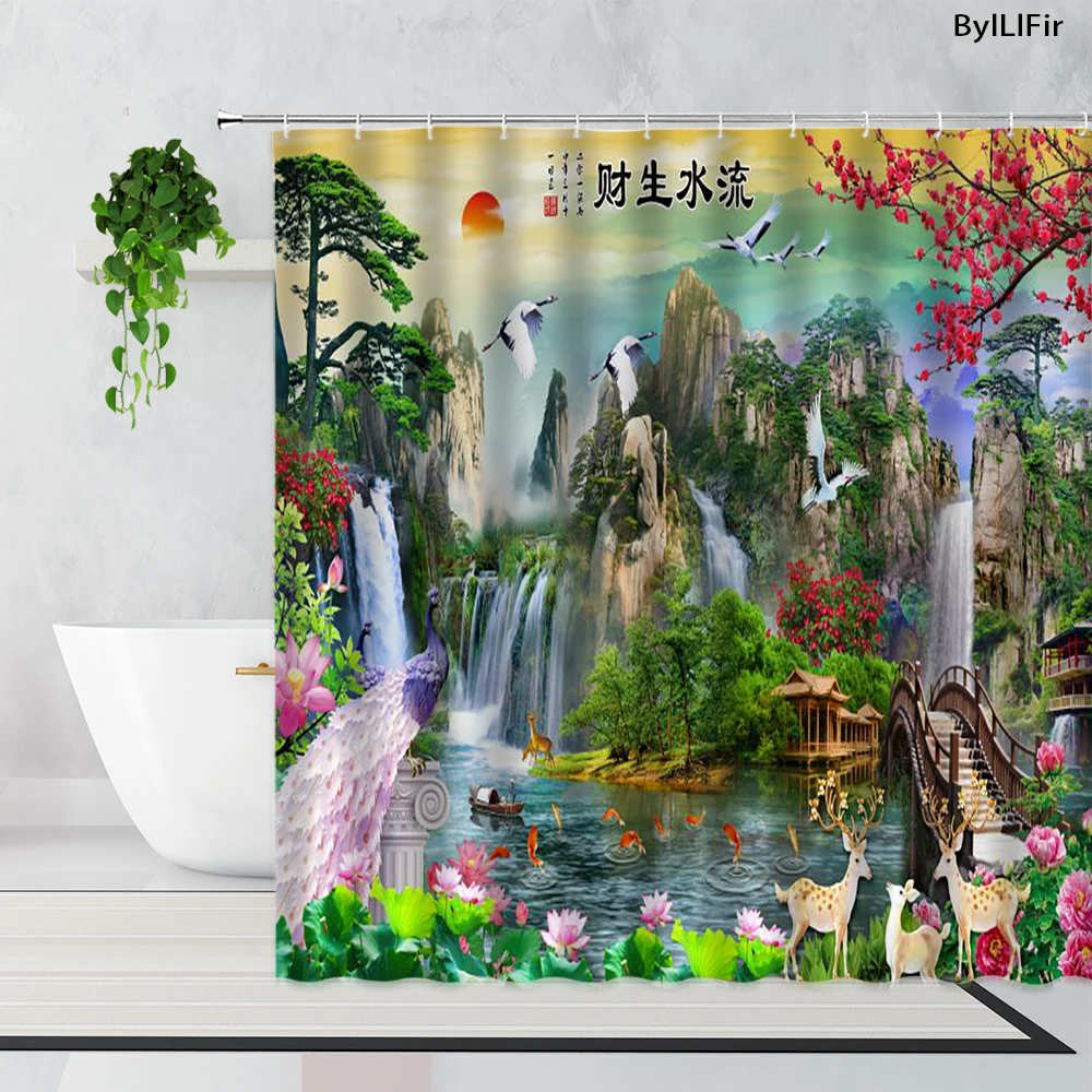 

Китайская масляная живопись, Ландшафтная душевая занавеска s Peacocks Lotus Mountain Water Arch Bridge Tree, водонепроницаемая занавеска для ванной, домашний де...