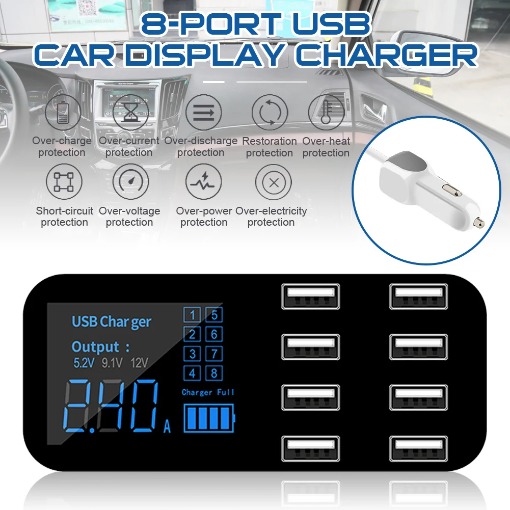 

8 Port Usb Car Charger With Lighter Charging Hole With Lcd Display For Various Mobile Phone Car Charger Accessories Tools