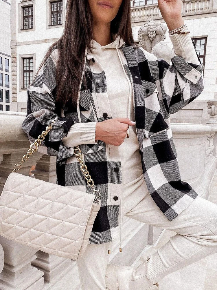 

Рубашка оверсайз женская с принтом в клетку, блуза с длинным рукавом, на пуговицах, с передним карманом, свободная рубашка, весна-осень 2021