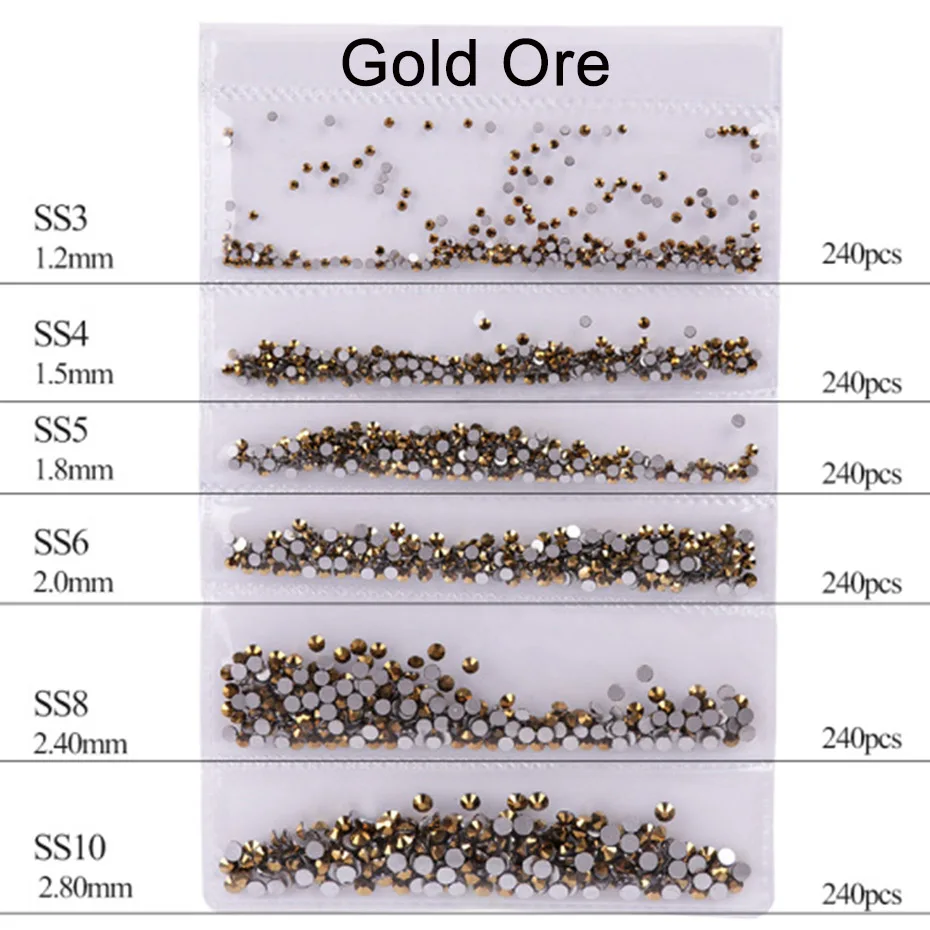 Gold Ore 1440 шт голографическое искусство ногтей Стразы SS3-SS10 смешанные размеры плоское с оборота стекло белое AB пламя Кристалл Камень Дизайн ногтей украшения JI880 - Цвет: Gold Ore