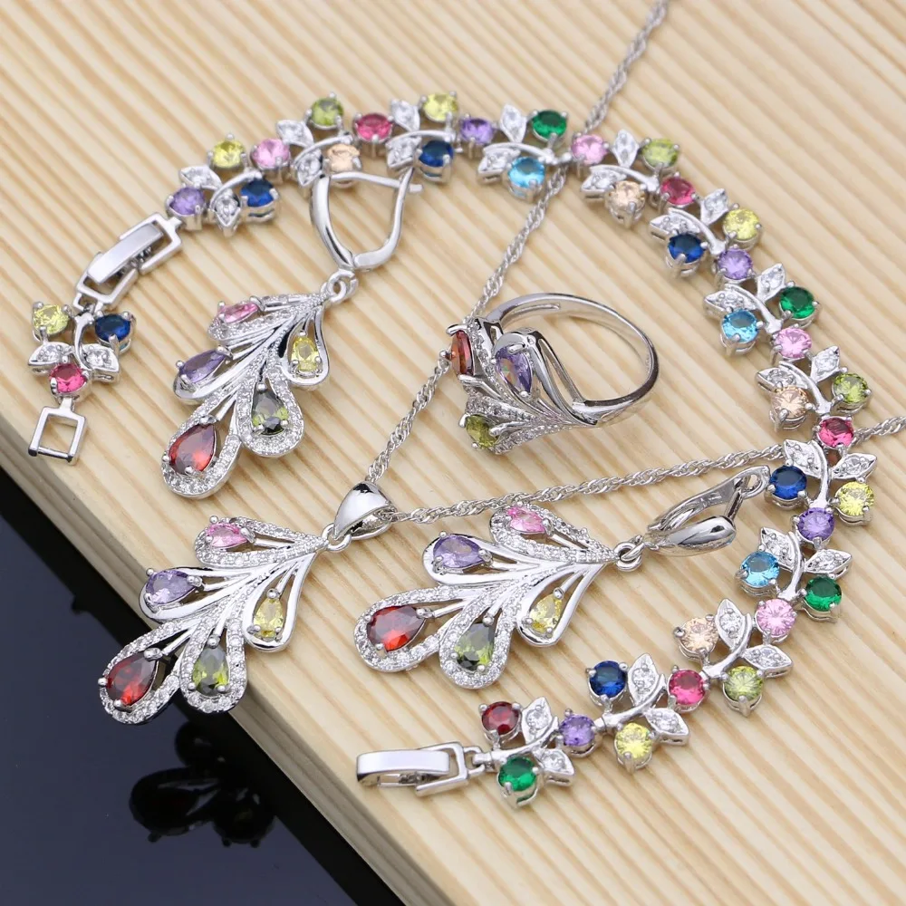 

Leaves Multicolor Zircon 925 Silver Jewelry Sets For Women Wedding Earrings With Stone Ring Bracelet Bridal Necklace Set