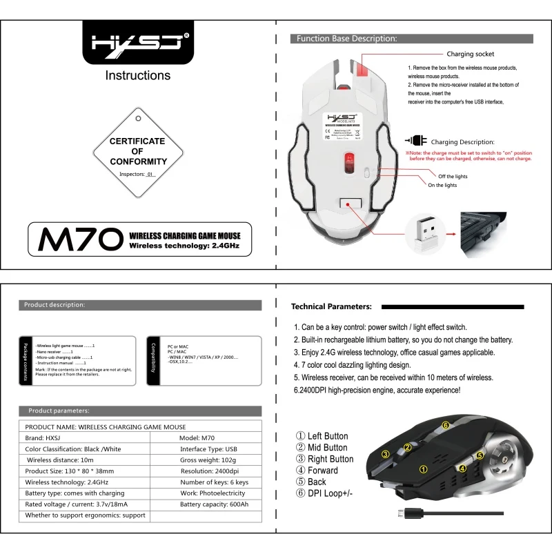 Беспроводная игровая мышь 2 4 ГГц перезаряжаемая цветная бликующая 2400 точек/дюйм