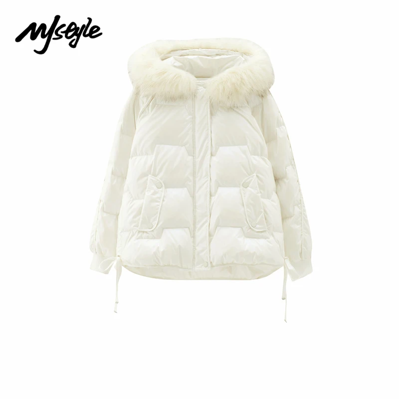 

Mjstyle 2021 Winter 80% White Duck Down Women's Elegant Warm Fur collar Hooded Short Puff White Coat 821170010