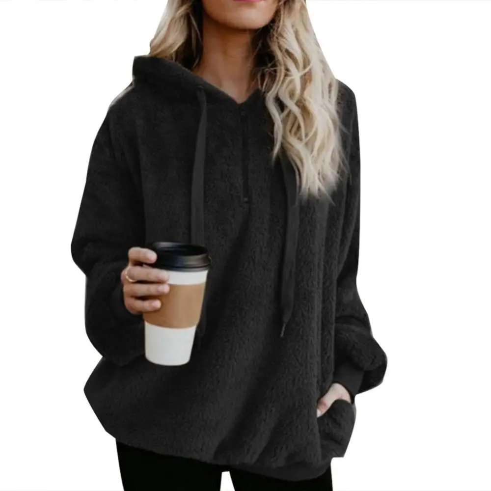 

40% Dropshipping!!Plus Size Winter Solid Color 1/4 Zip Up Fluffy Hoodies Women Hooded Sweatshirt