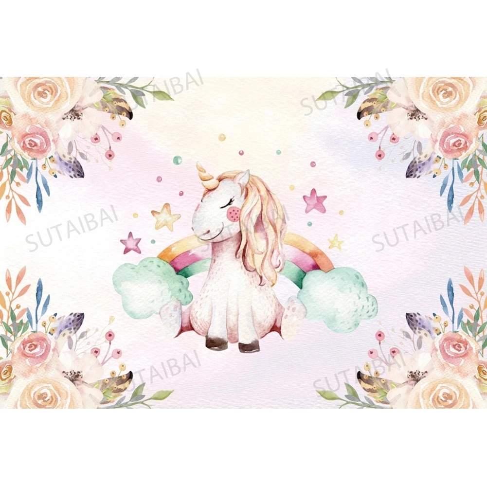 Cartoon Unicorn Photographic Backgrounds Flowers Rainbow Stars Baby Shower Birthday Personalized Poster Photo Backdrops Props