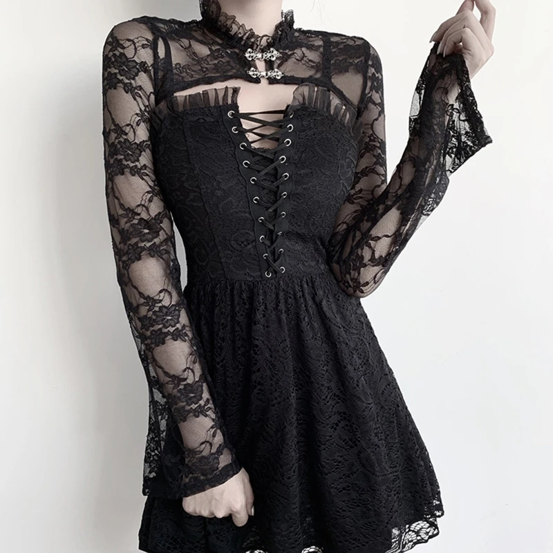 

New Women Vintage Flare Long Sleeve Slim Bolero Ruffles Stand Collar Floral Lace Shrug Sexy See-Through Black Cardigan Crop Top
