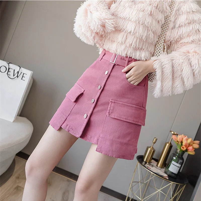 

REALEFT Spring 2020 Women Single-Breasted Elegant A-Line Wrap Skater Skirts Pocket Korean Style High Waist Chic Sexy Mini Skirts