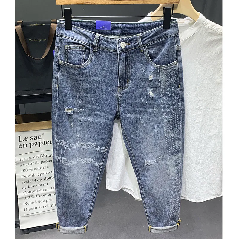 

Fashion 2021 harem Pants Men's Trendy Brand Cashew Flower Ripped Jeans Men's Slim Pants Spring Thin pencil jeans