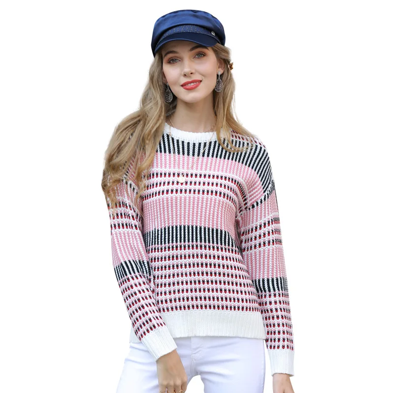 

Donsignet Women's Sweater New Fashion Round Neck Pullover Striped Sweet Knitted Long Sleeves Sweater Women's clothing