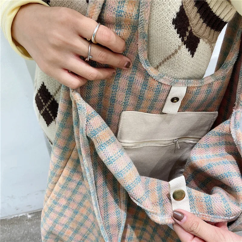 

Large Capacity Reusable Women Shopping Bags Casual Tote Fashion Ladies Plaid Vest Shoulder Bag Female Portable Canvas Handbags