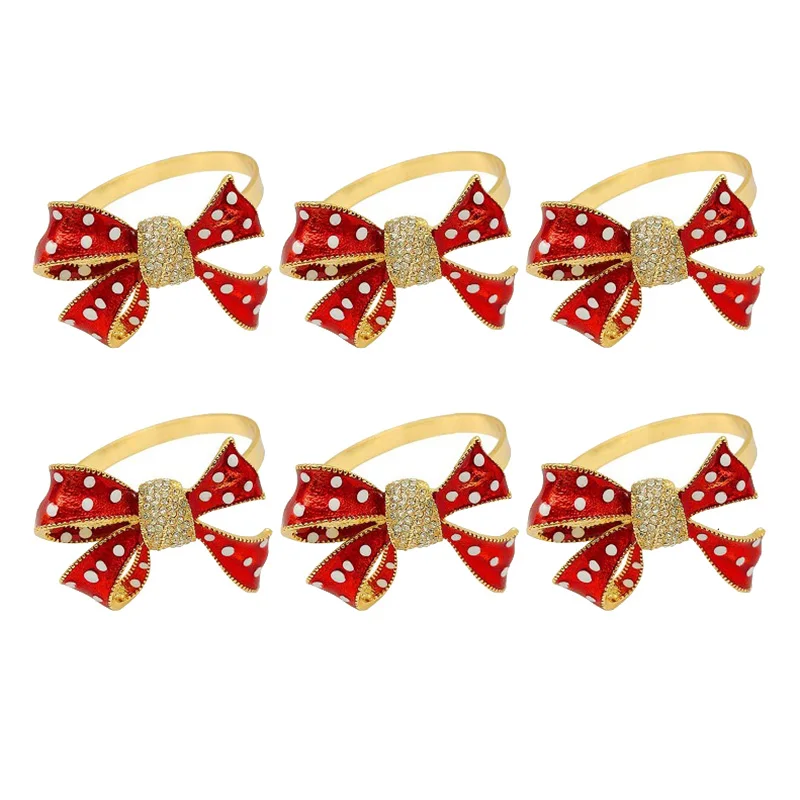 

6Pcs/Lot Christmas Bow Red Napkin Buckle Diamond Napkin Ring Ring Holder Holiday Party Table Decoration