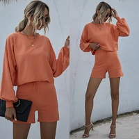 2021 autumn new fashion sweat suits women matching sets solid color bottomed long sleeve knitted sweater with shorts set