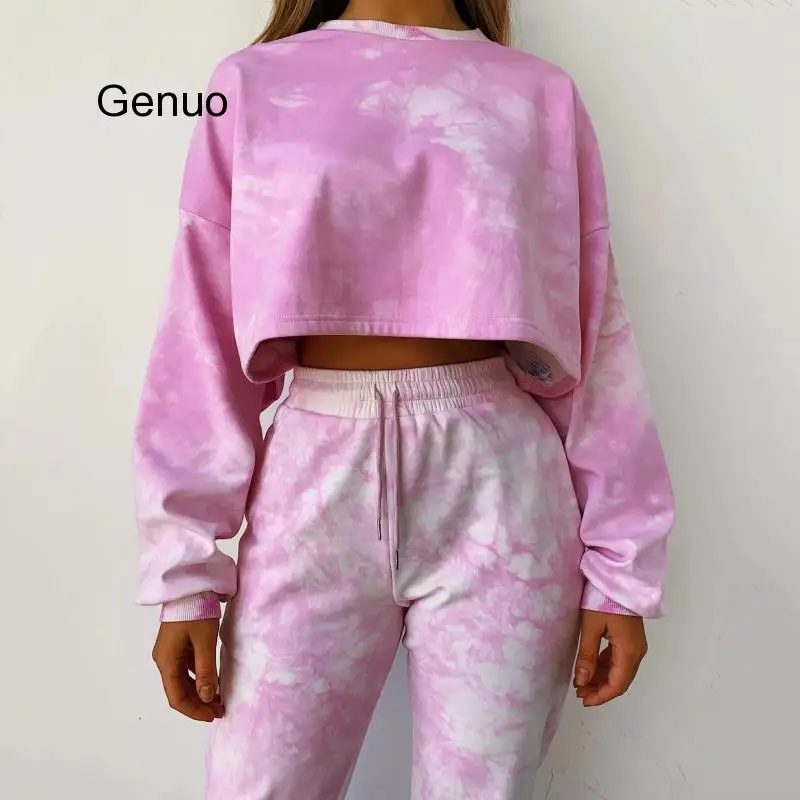 Модный тренировочный костюм короткий с капюшоном галстуком краской комплект из