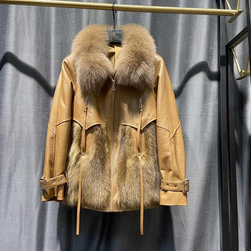 

SHZQ 2021 New Winter Women Coats Ladies' Real Sheepskin Leather Jacket with Natural Fox Fur Collar Female Lambskin Outwear