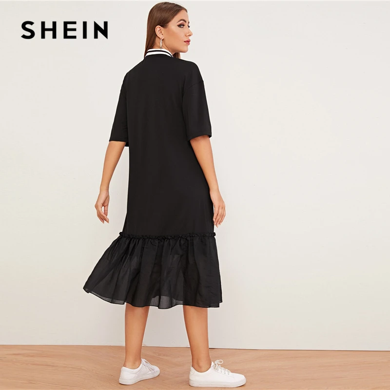 SHEIN/Черное Платье-туника с открытыми плечами и рюшами, женская осенняя одежда с заниженной талией и отложным воротником, повседневные Прямые однотонные платья