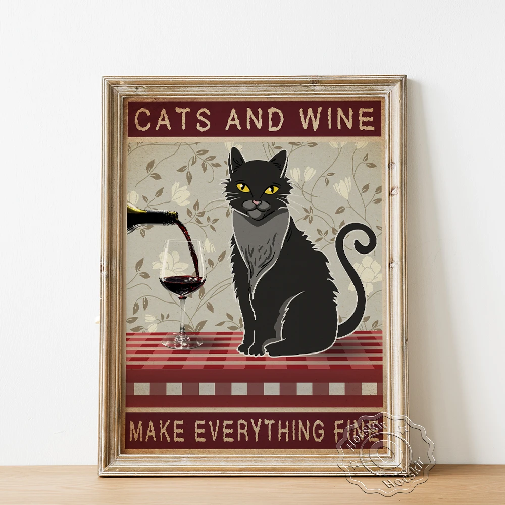 Humor Spoof Любовь Кошки цитаты плакат крутая черная кошка питьевое вино холст