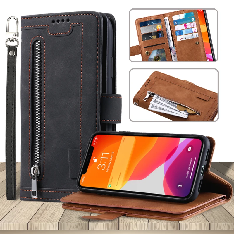 

For Samsung Galaxy S21 Ultra S20 FE S10e 5G Fashion Zipper Wallet Luxury Card Bag Flip Leather Case Mobile Phone Cover