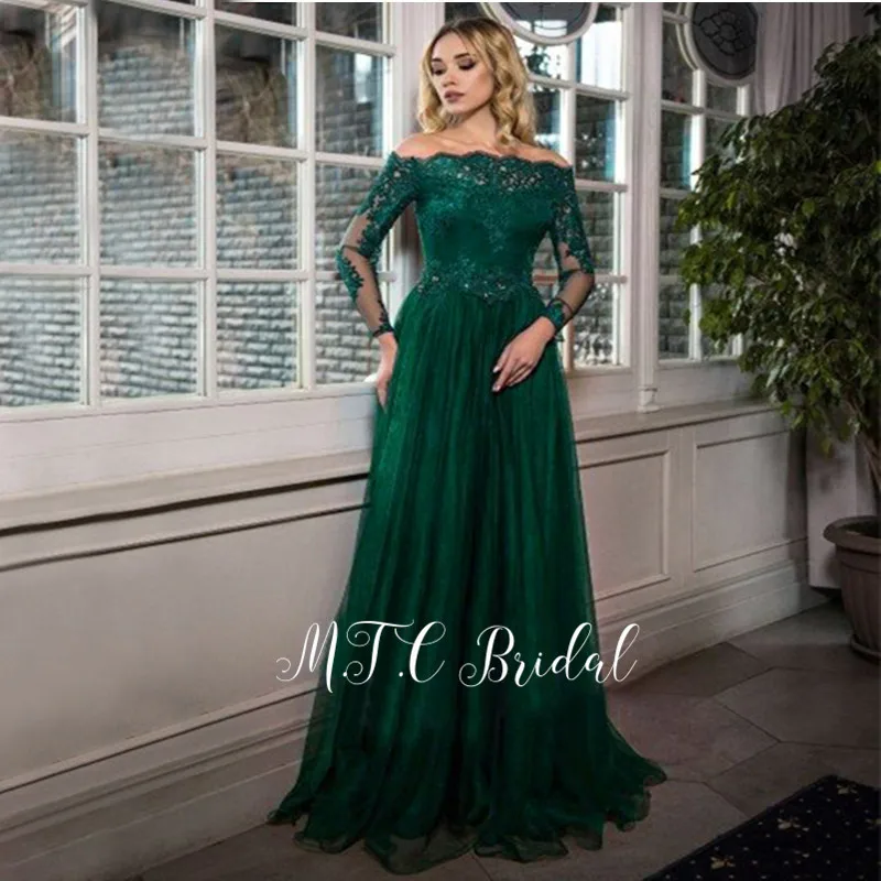 

Elegant Dark Green Prom Dresses Off The Shoulder Long Sleeves A Line Tulle Lace Formal Evening Gowns 2019 Robe De Soiree Cheap