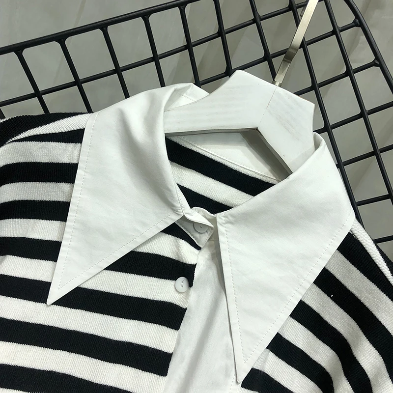 Женская белая блузка в полоску рубашка стиле пэчворк оверсайз с асимметричным