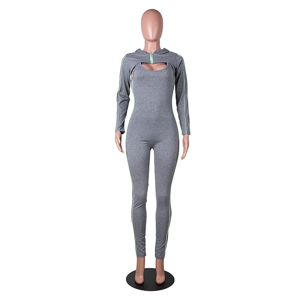 

Side Striped Patchwork Fitness Tracksuit Women Long Sleeve Hooded Crop Top and Stretchy Skinny Tank Jumpsuits Autumn 2 Piece Set