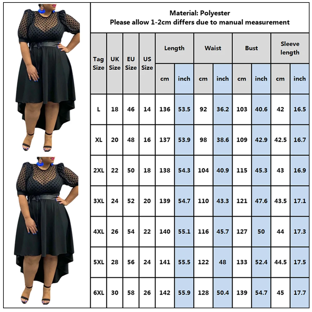 

6XL Plus Size Mesh Patchwork Dress Elegant Black Dress Women Polka Dot Asymmetrical Party Dresses Female Puff Sleeve Vestido D30