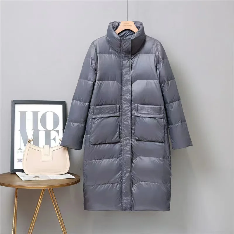 New Winter Stand Collar Long Feather Jacket Women 90% White Duck Down Coat Casual Loose Parker Snow Fluffy Warm Outwear s1349