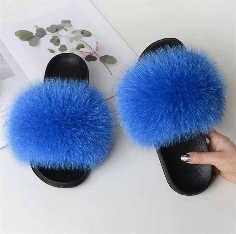 

New Female Winter Fur Slides Fashion Solid Flat Slippers Fluffy Fur Slides Warm Real Fox Fur Slides Fur Sandals Plush Slides Hot