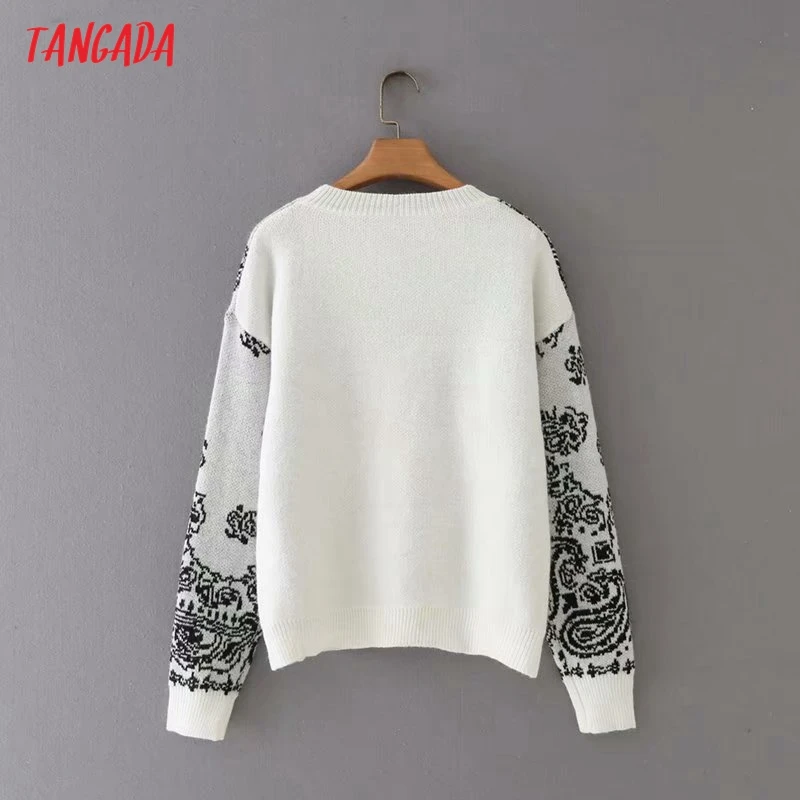 

Tangada Women 2021 Fashion Flower Pattern Knitted Sweater Jumper Female Elegant Oversize Pullovers Chic Tops 2X29