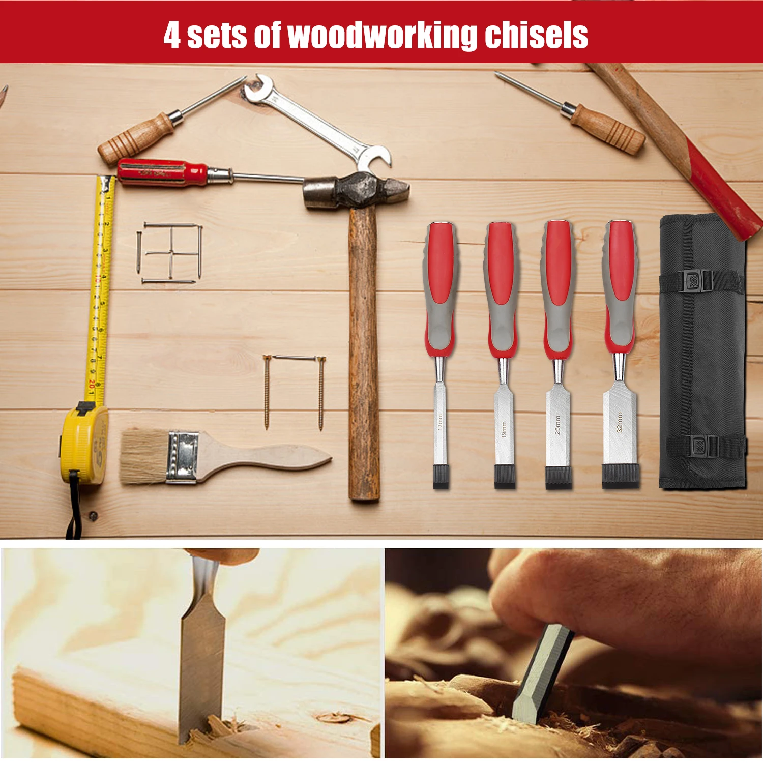 

5pcs Wood Chisel Set For Carpentry with Storage Bag Non-slip Handle Woodworking Wood Carving Bench Chisel Sets Sharp Wood Bevel