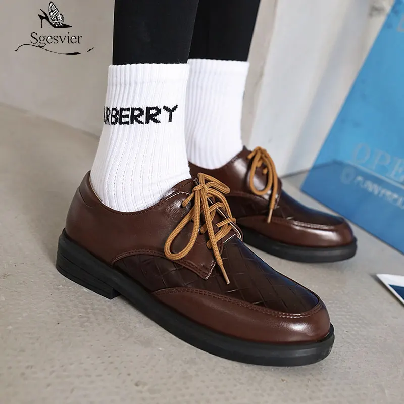 

Sgesvier 2021 Spring New Fashion Hot Sale Shoes Woman Pumps Round Toe Low Heels lace-up Big Size 42 Multi color Female Shoes