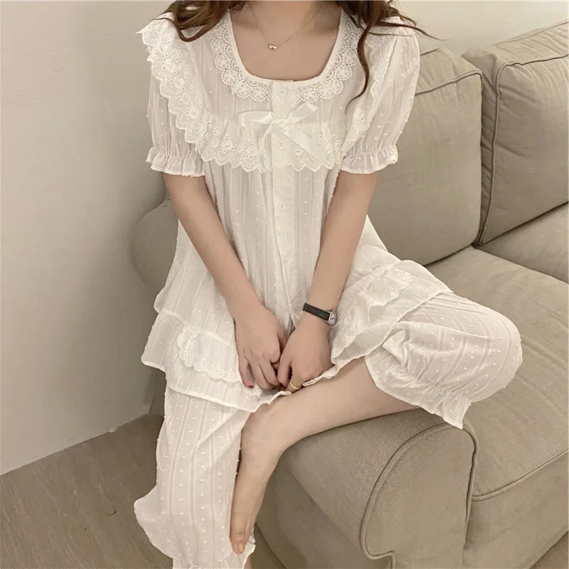 Korean Women's Pajamas Sets All Cotton Court Breeze Lace Nightgown Princess Wind Short Sleeve Capris Home Suit Female Sleepwear