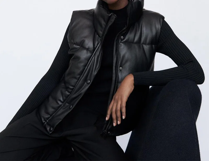 Зимние короткие женские жилеты 2021 черные модные пальто из искусственной кожи на